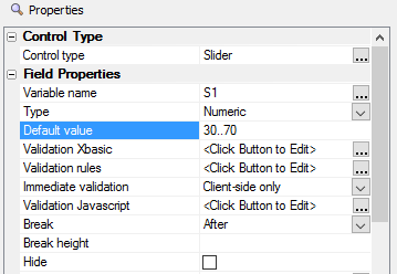 Setting the default value for a two value Slider Control at design time.